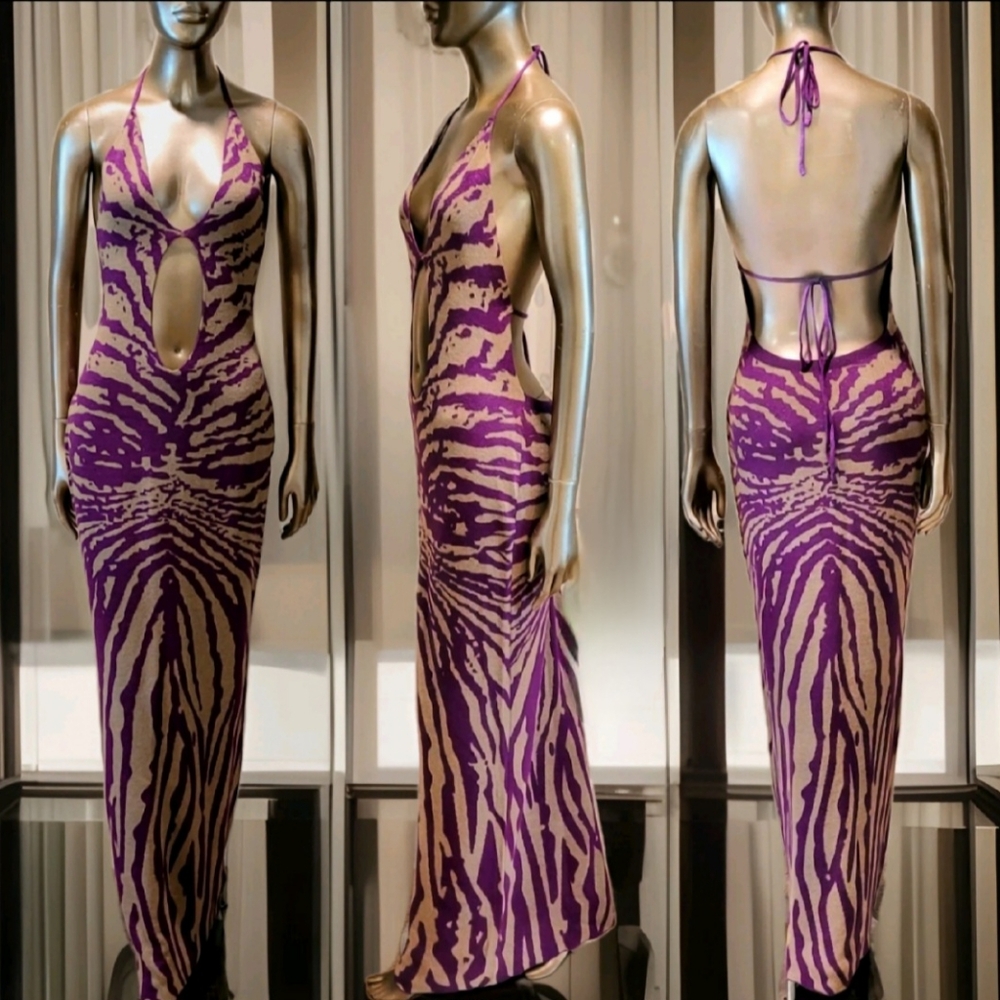 NWT Zebra Print Halter Neck Cut Out Tie Back Bodycon Knit Maxi Dress Sz M - Picture 10 of 13